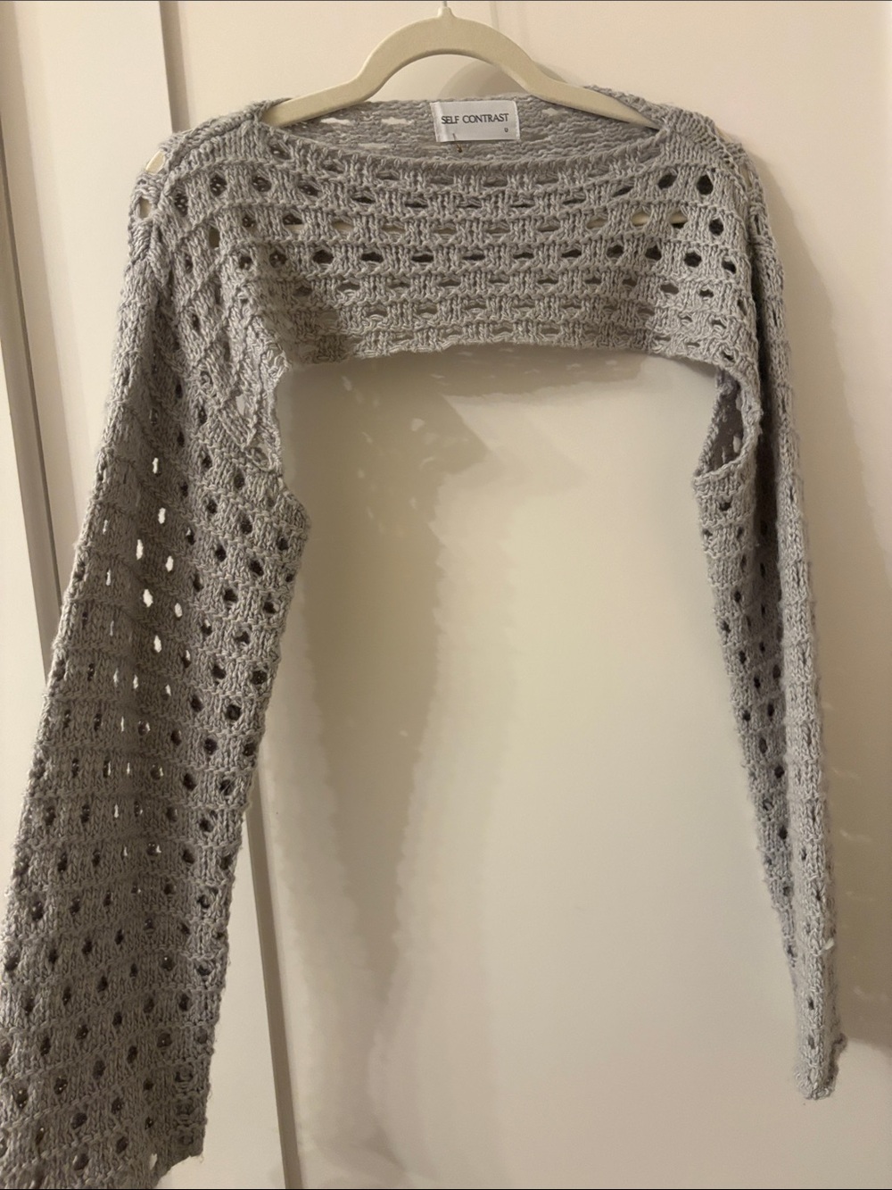 Self Contrast Women's Cropped Open-Stitch Shrug in Light Gray